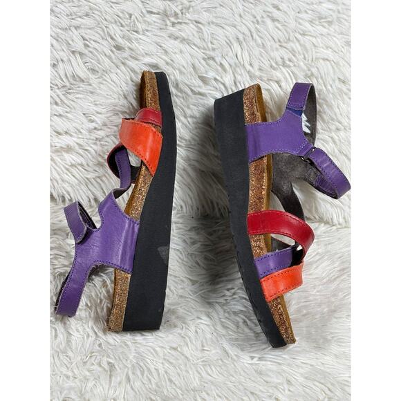 Naot Sandals Womens Size 8 EU 39 Purple Red Leather Wedge Cork Footbed Strappy - Picture 3 of 8